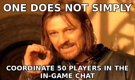 "One does not simply" meme about coordinating fifty alliance players in the Doomsday: Last Survivors in-game chat