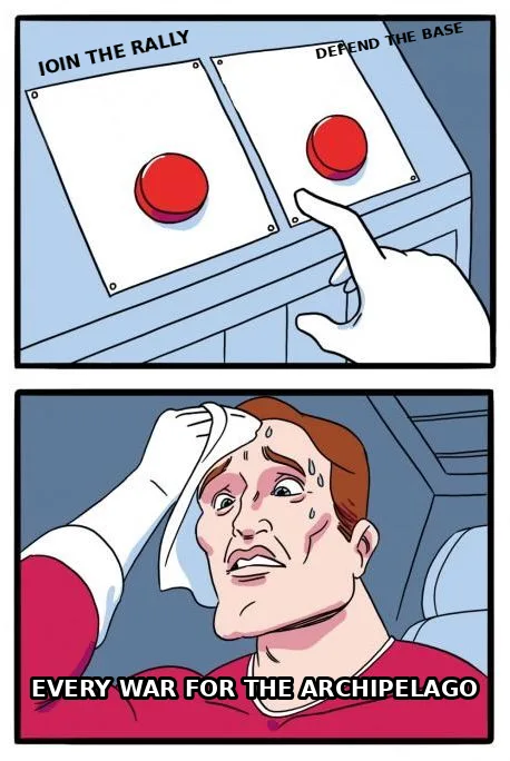 "Two buttons" meme about choosing between a rally and base defense in Doomsday: Last Survivors